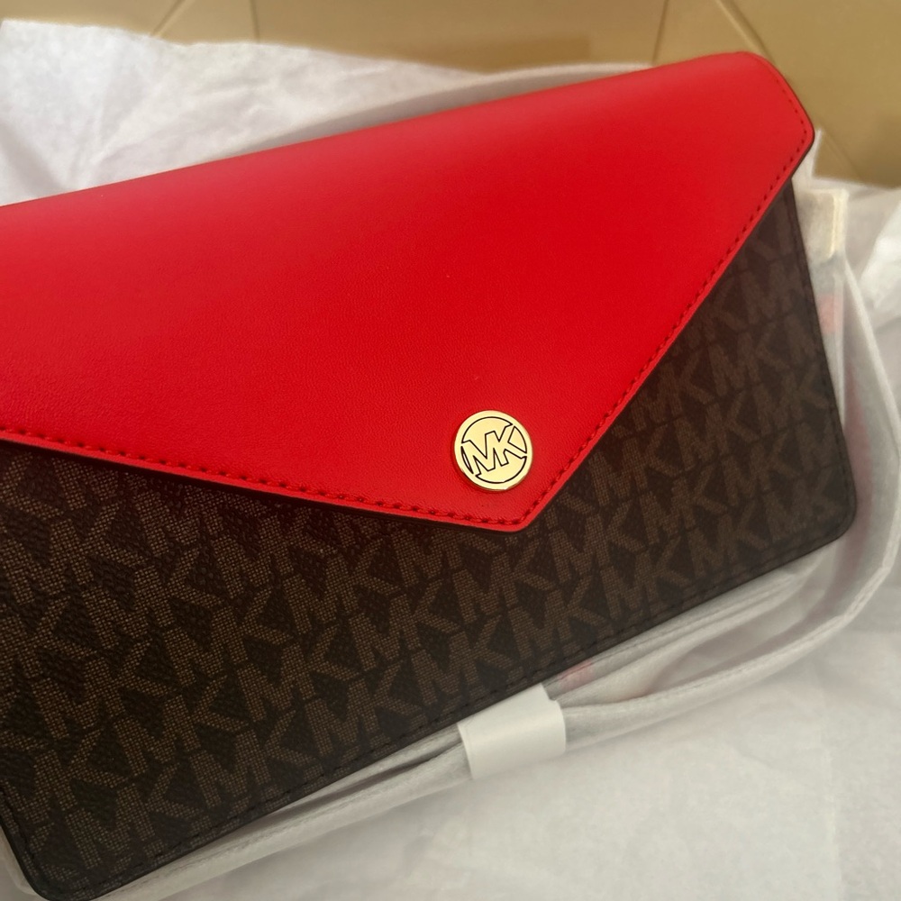 Michael Kors Jet Set Travel Small Flap Clutch Crossbody Bag (brown + red) - Picture 1 of 12